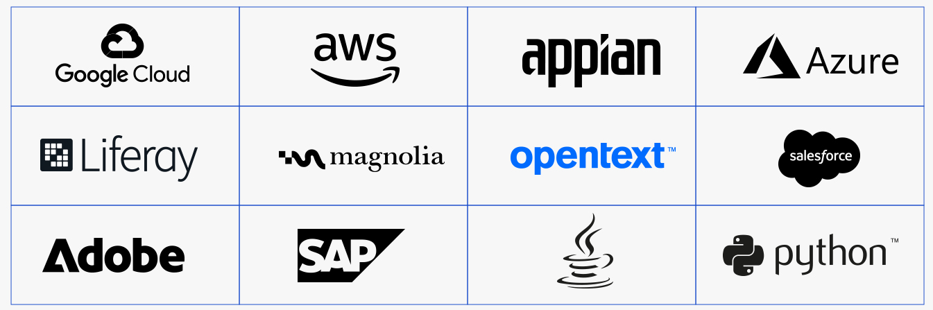 Stack tecnológico de KSP: Google Cloud, AWS, Appian, Azure, Liferay, Magnolia, Opentext, Salesforce, Adobe, SAP, Java, Python